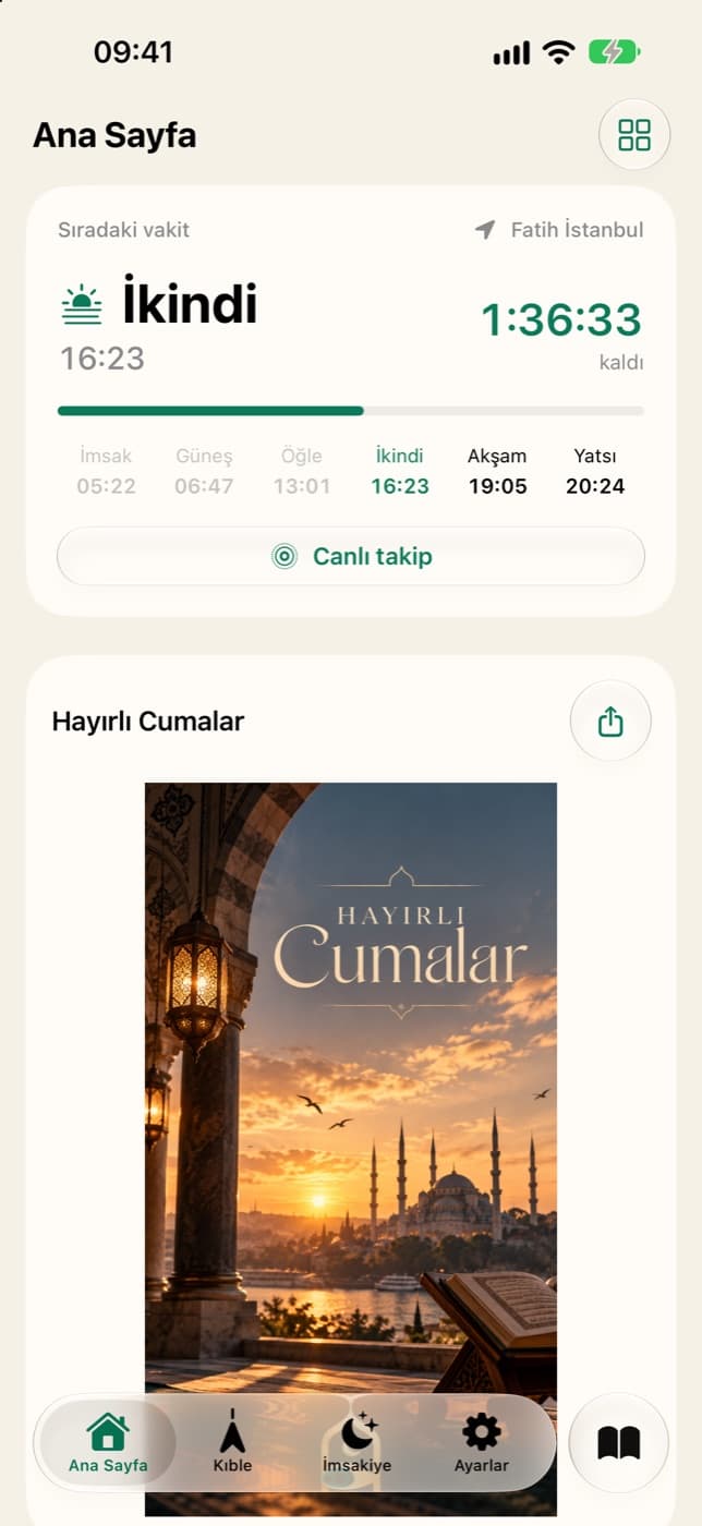 iSakna ana sayfa: sıradaki vakit ve geri sayım